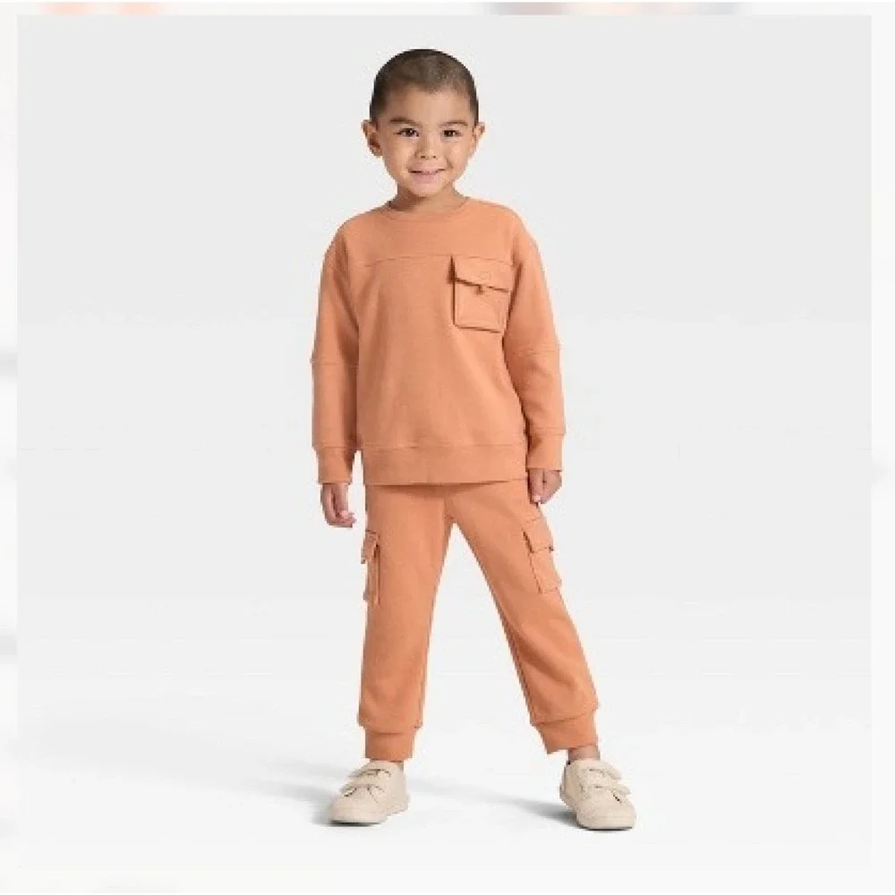 Cat & Jack Sweatshirt Jogger Set Toddler 18M Orange NWT Cargo Pocket‎ 2pc Outfit